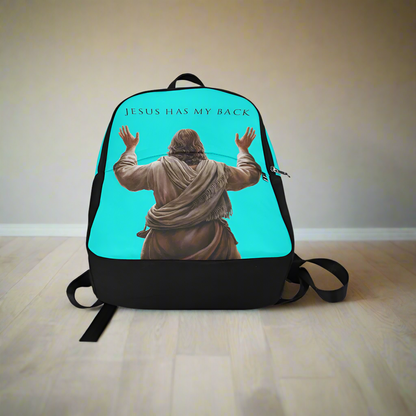 "Jesus Has My Back" Christian Backpack-Black Side Accent (Choose Green or Blue shades)