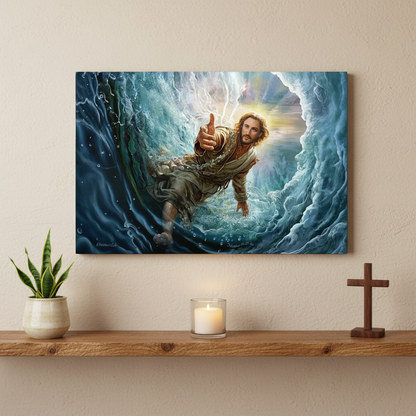 Jesus Reaches Down to Rescue and Lift You Out of the Water - Christian Gallery Wrapped Canvas Wall Art Print