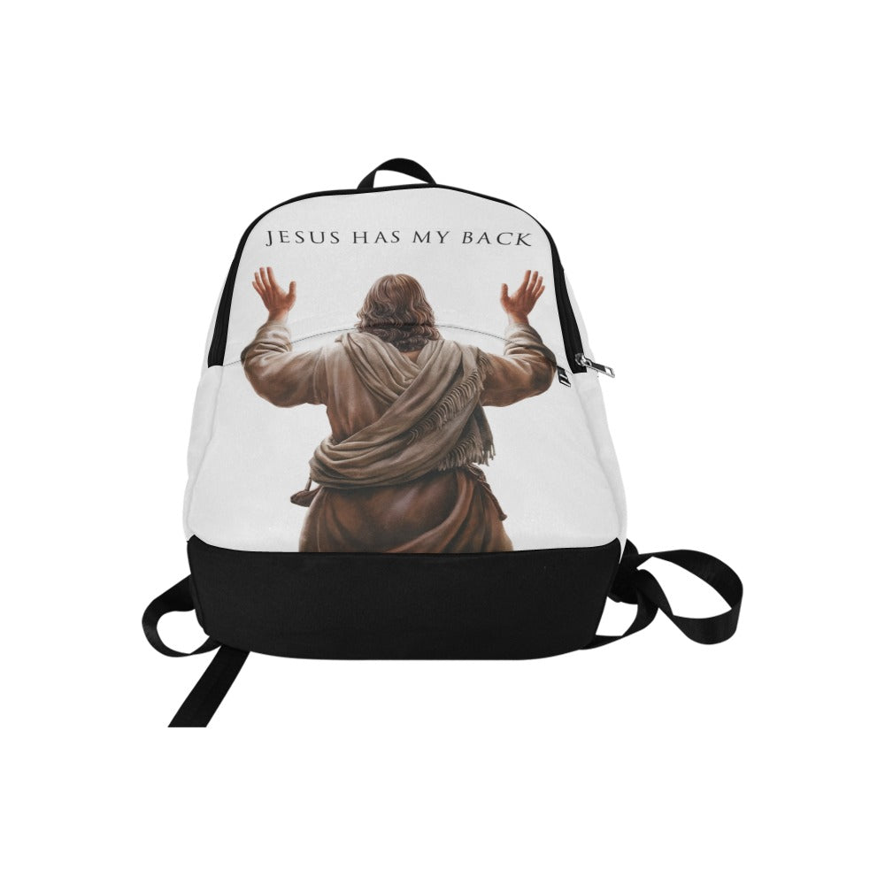 Backpack with a printed design of Jesus with arms outstretched and 'Jesus Has My Back' text on a white background.