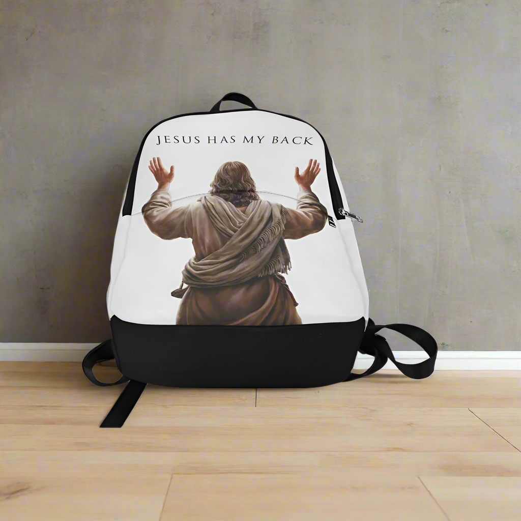 "Jesus Has My Back" Graphic design Christian Backpack (white)