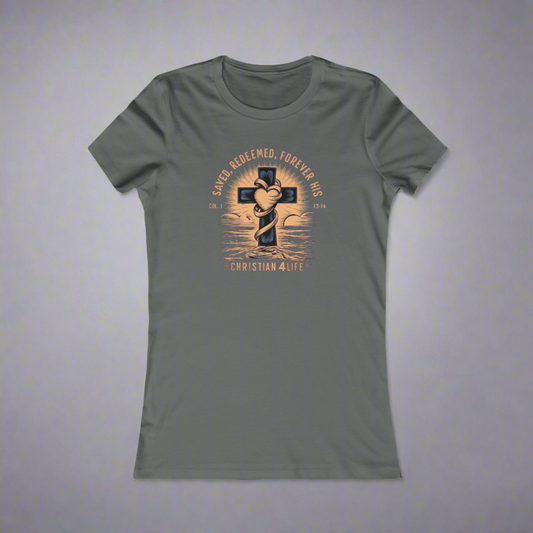 Women's "Saved, Redeemed, Forever His" inspirational Christian t-shirt