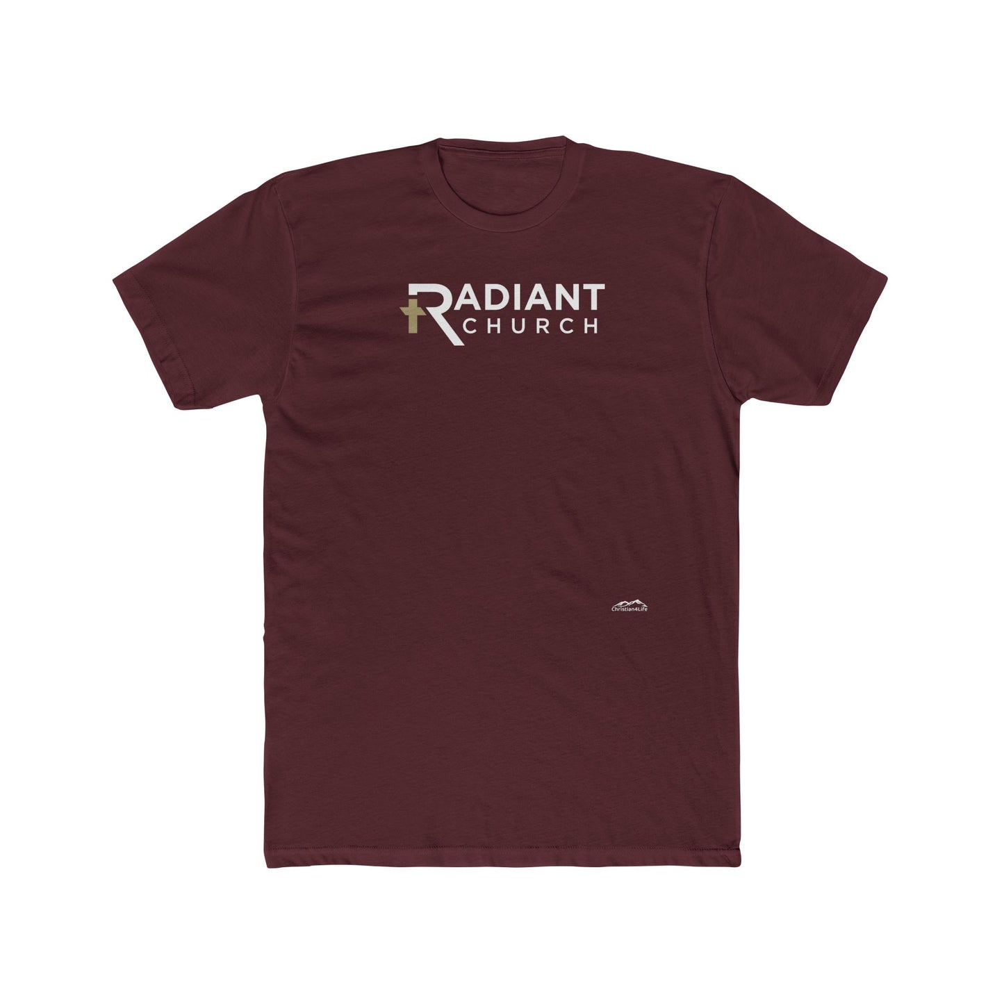 Maroon t-shirt with 'Radiant Church' logo on a white background