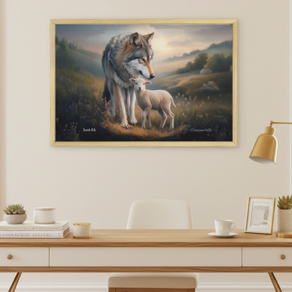 Framed - Wolf and Lamb Christian Canvas, Wooden Frame