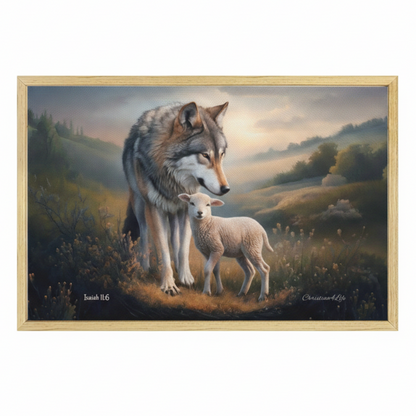 Framed - Wolf and Lamb Christian Canvas, Wooden Frame