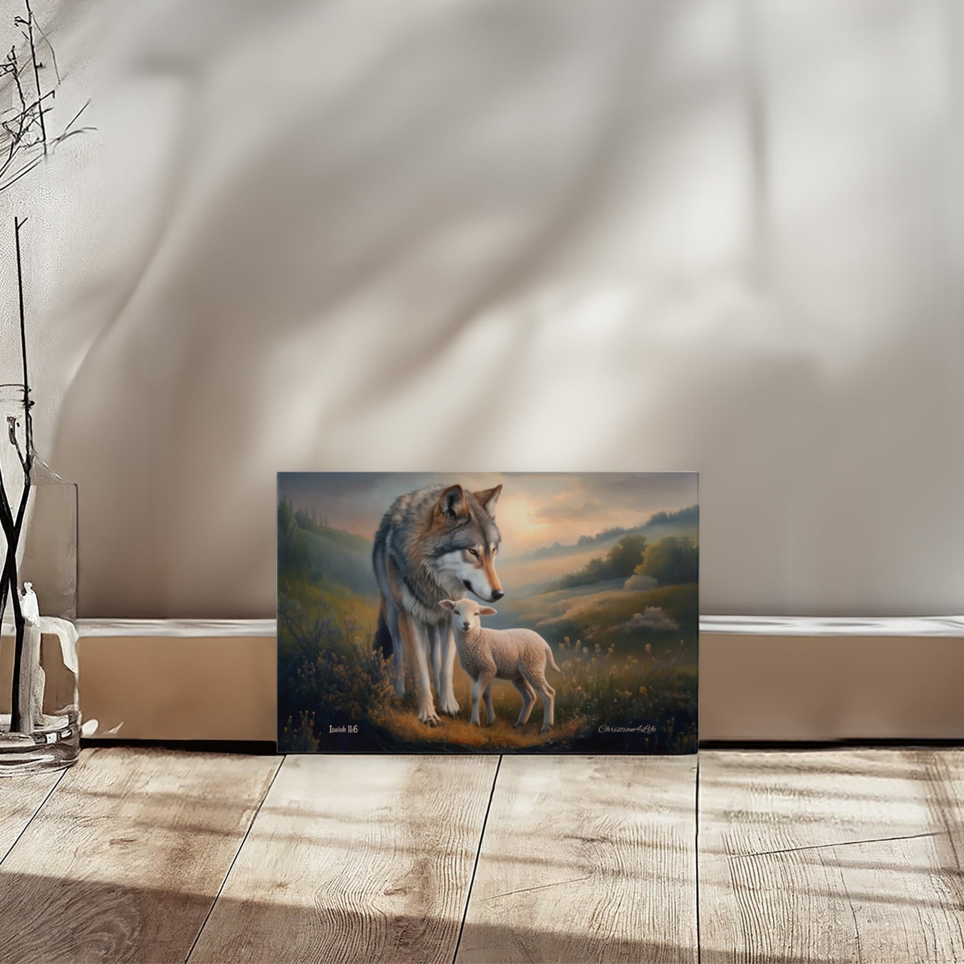 Framed artwork of a wolf and lamb on a wall in a room with wooden floor.