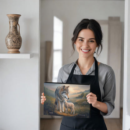 Woman holding a canvas with a wolf and lamb design, wearing a black apron.