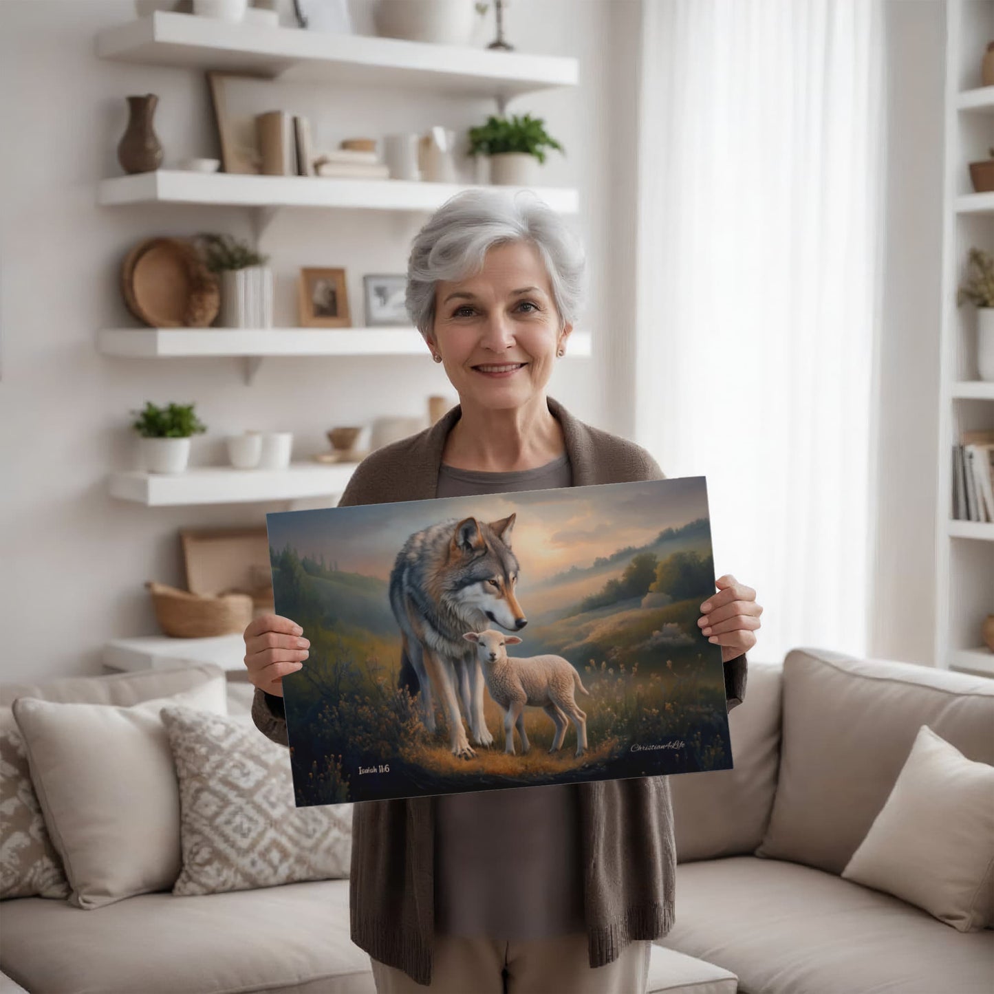 Woman holding a painting of wolf and lamb in a living room