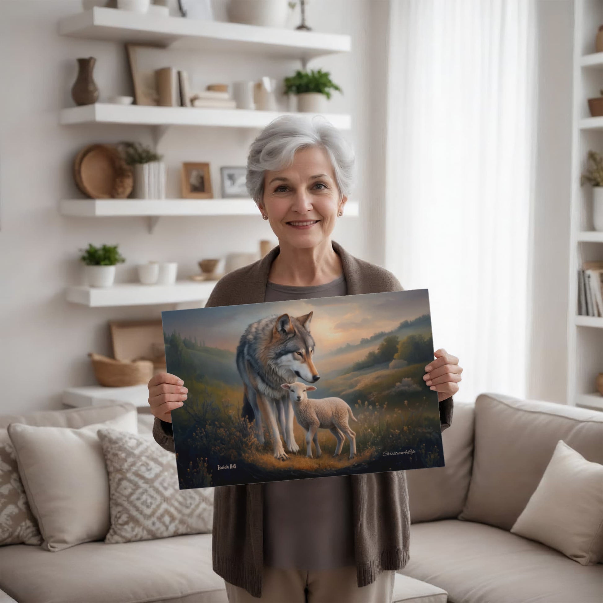 Woman holding a painting of wolf and lamb in a living room