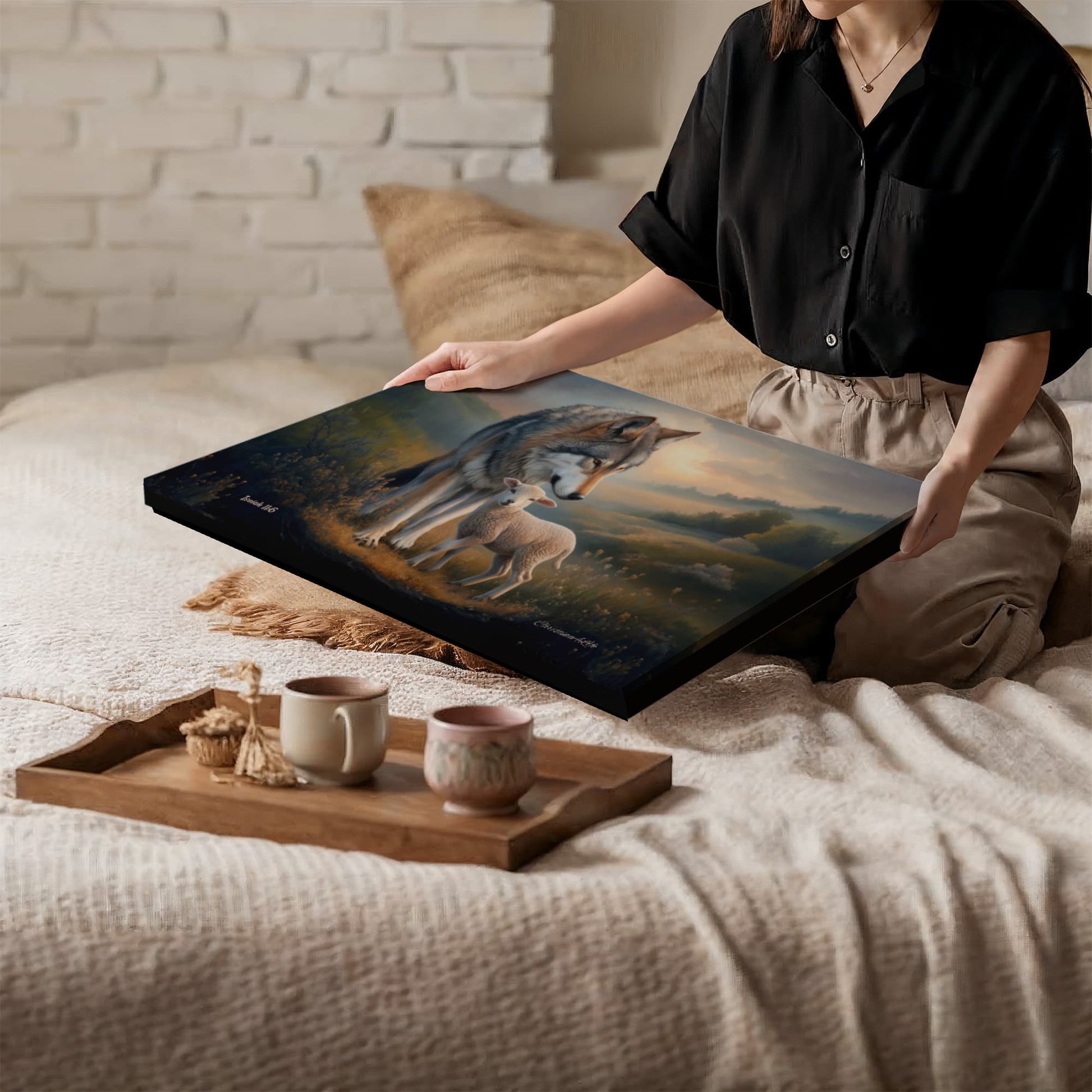 Person holding a framed artwork of a wolf and a lamb on a bed