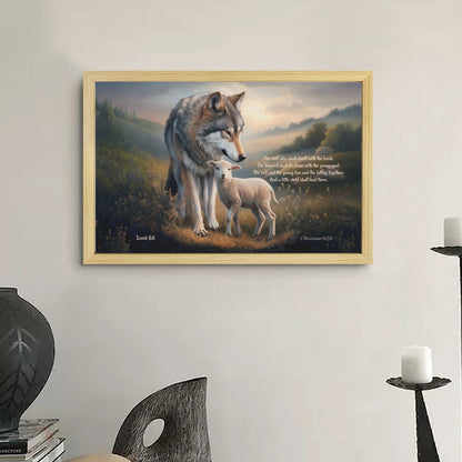 Wolf and Lamb with Isaiah 11:6 Quote, Christian Canvas, Wooden Frame