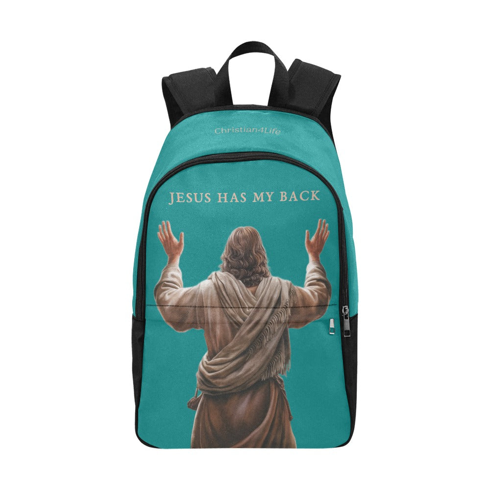 "Jesus Has My Back" Christian Backpack-Black Side Accent (Choose Green or Blue shades)