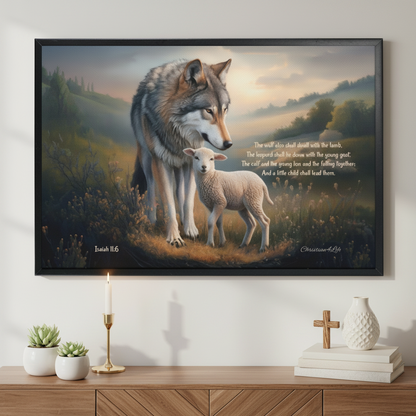 Framed - Wolf and Lamb with Isaiah 11:6 Quote, Christian Canvas, Black Frame