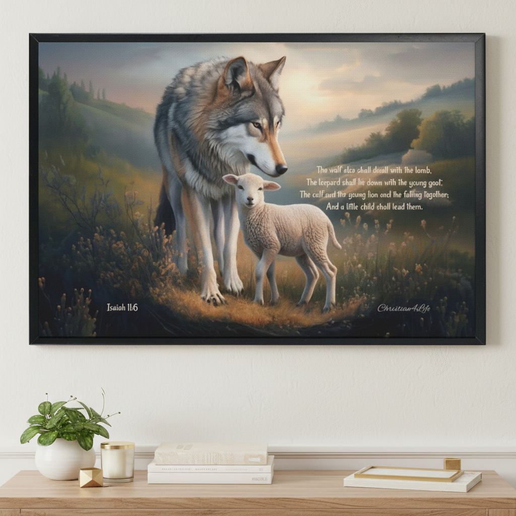 Framed - Wolf and Lamb with Isaiah 11:6 Quote, Christian Canvas, Black Frame
