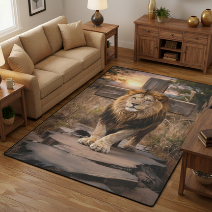 Lion of Judah, rock and cross Area Rug with Black Binding 84"x60"