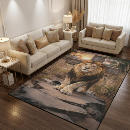 Lion of Judah, rock and cross Area Rug with Black Binding 84"x60"