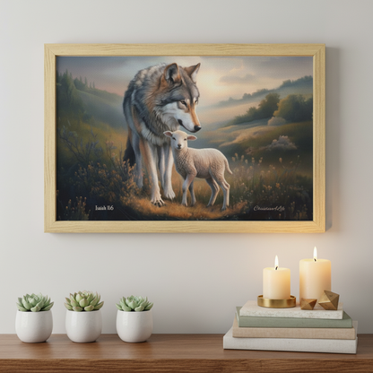 Framed - Wolf and Lamb Christian Canvas, Wooden Frame