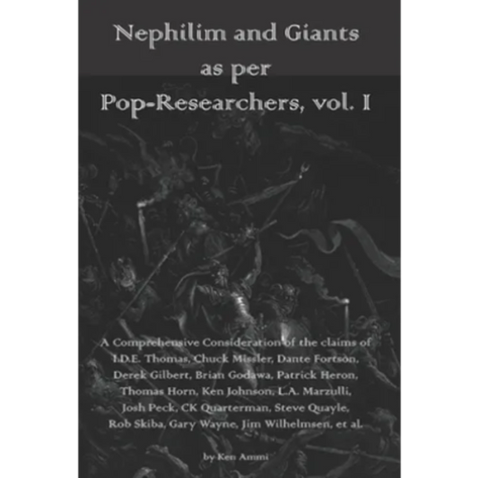 Book cover with dark background and text about Nephilim and Giants, featuring a group of figures.