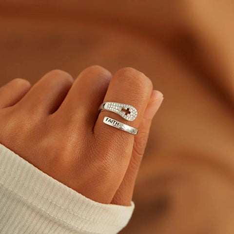 S925 Sterling Silver Faith Cross Zircon Ring - Silver - Jewelry