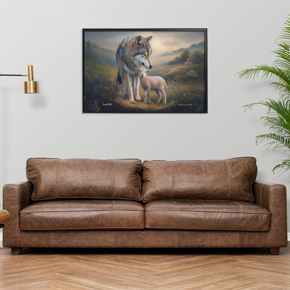 Framed- Wolf and Lamb, Christian Wall Art, Black Framed Canvas Print, Isaiah 11:6
