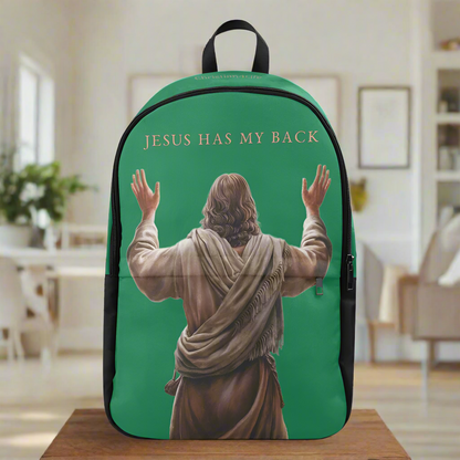 "Jesus Has My Back" Christian Backpack-Black Side Accent (Choose Green or Blue shades)