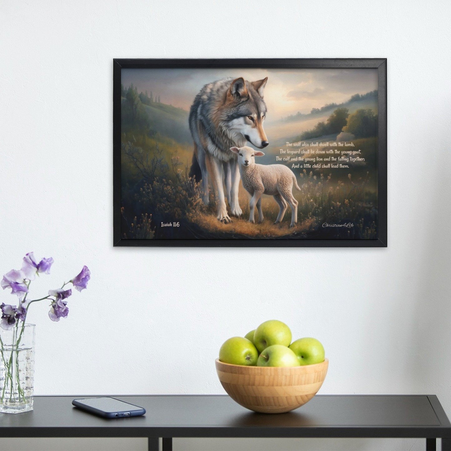 Framed - Wolf and Lamb with Isaiah 11:6 Quote, Christian Canvas, Black Frame