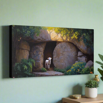 He is Risen, Tomb and Lamb Christian Wall Art Canvas, Easter (multiple sizes)