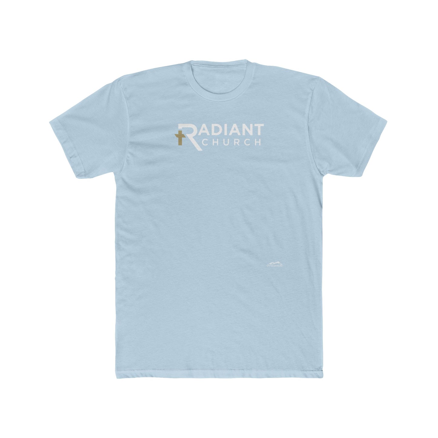 Light blue t-shirt with 'Radiant Church' logo on a white background