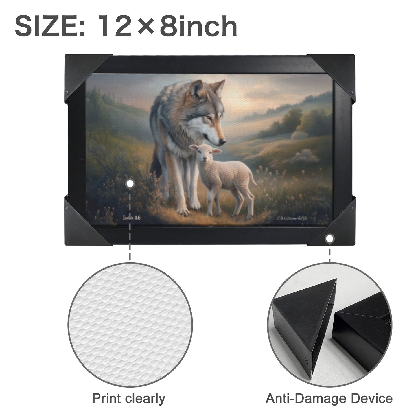 Framed- Wolf and Lamb, Christian Wall Art, Black Framed Canvas Print, Isaiah 11:6