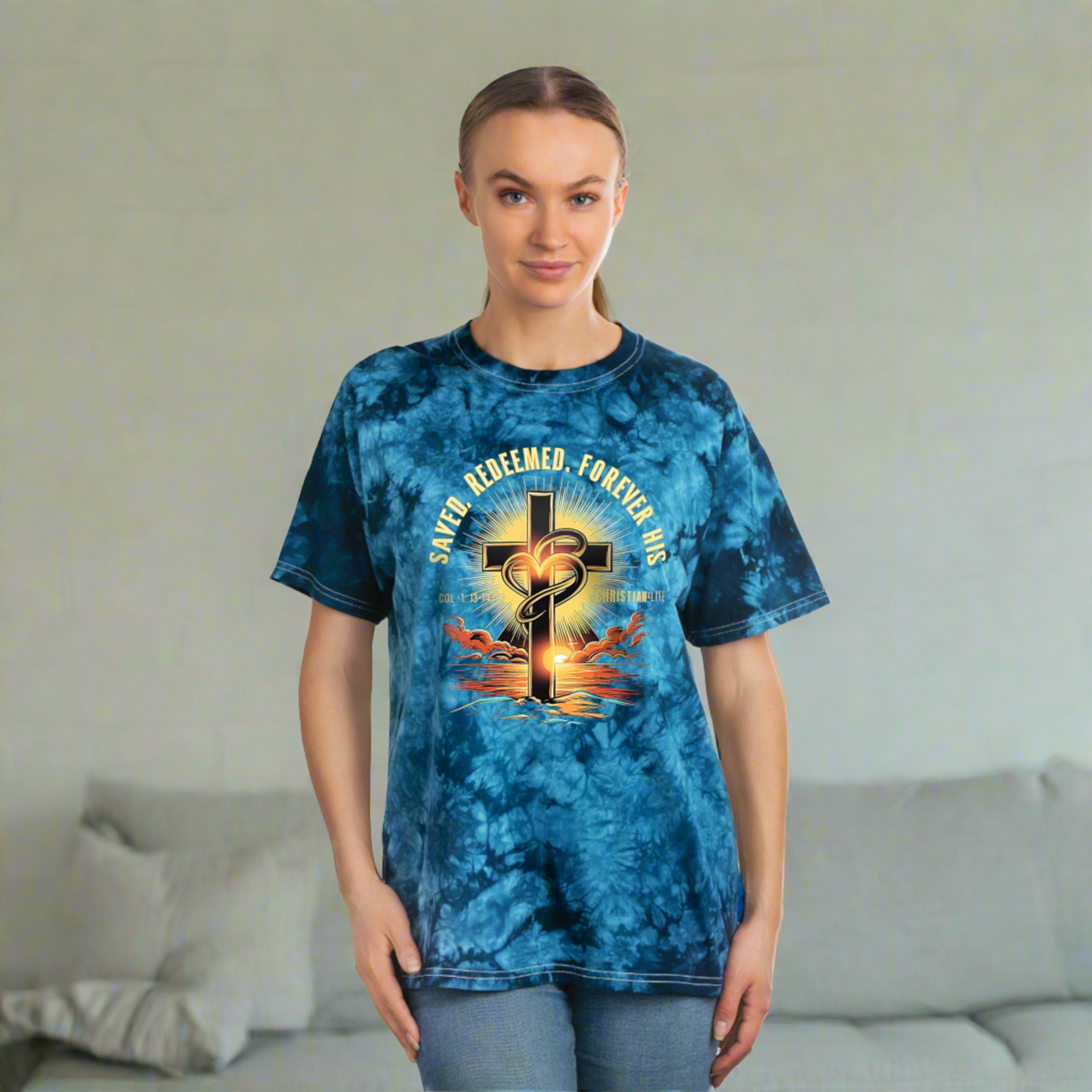 Unisex "Saved, Redeemed, Forever His" Christian Tie-Dye T-shirt