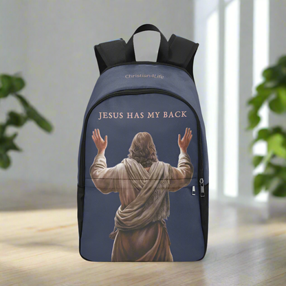 "Jesus Has My Back" Christian Backpack-Black Side Accent (Choose Green or Blue shades)