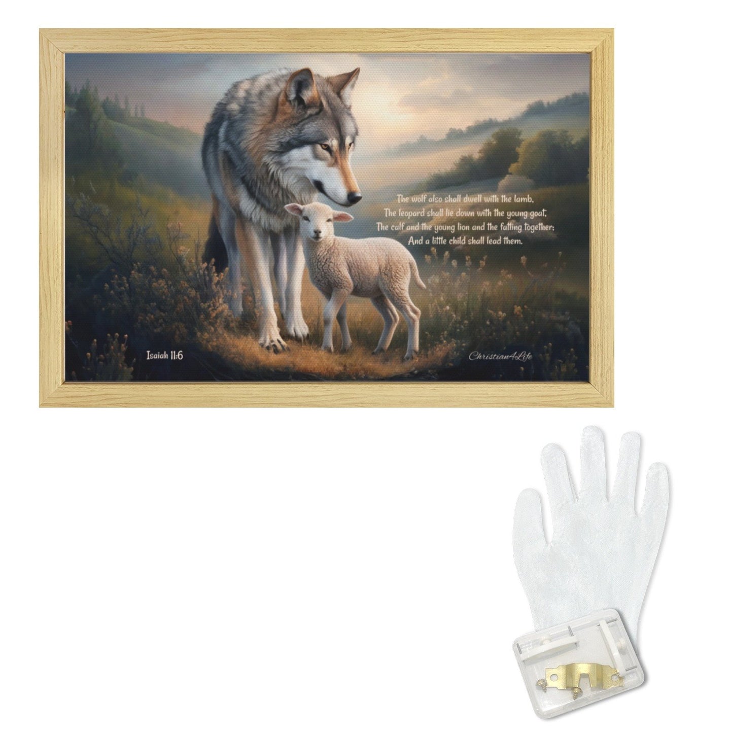 Wolf and Lamb with Isaiah 11:6 Quote, Christian Canvas, Wooden Frame