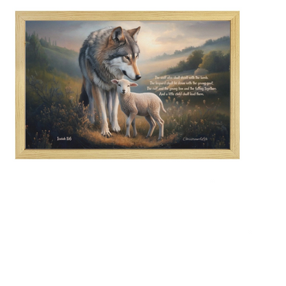 Wolf and Lamb with Isaiah 11:6 Quote, Christian Canvas, Wooden Frame