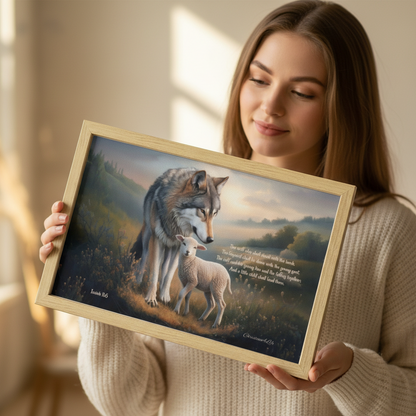 Wolf and Lamb with Isaiah 11:6 Quote, Christian Canvas, Wooden Frame