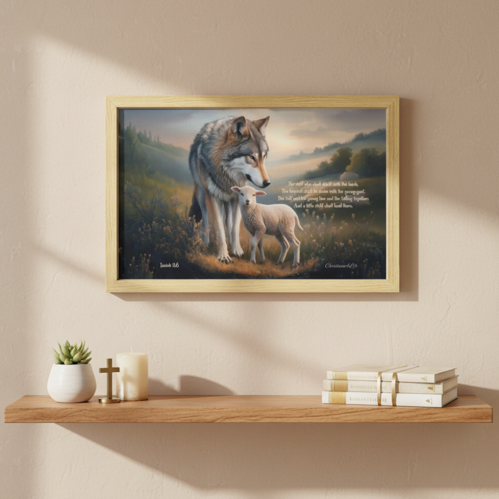 Wolf and Lamb with Isaiah 11:6 Quote, Christian Canvas, Wooden Frame