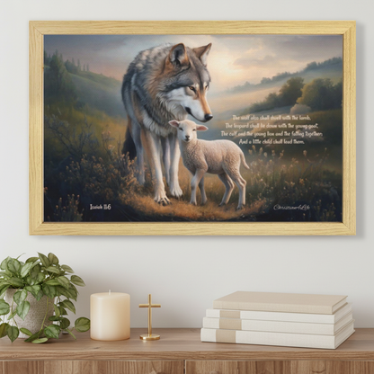 Wolf and Lamb with Isaiah 11:6 Quote, Christian Canvas, Wooden Frame