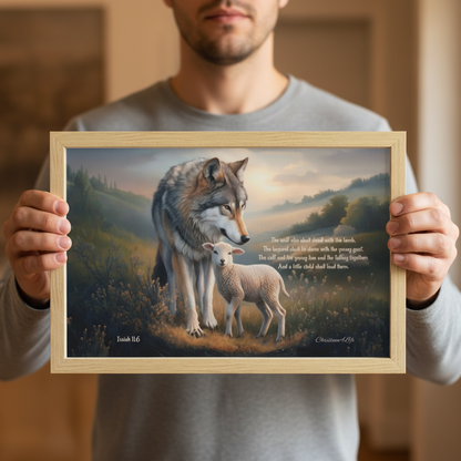 Wolf and Lamb with Isaiah 11:6 Quote, Christian Canvas, Wooden Frame