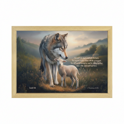 Wolf and Lamb with Isaiah 11:6 Quote, Christian Canvas, Wooden Frame