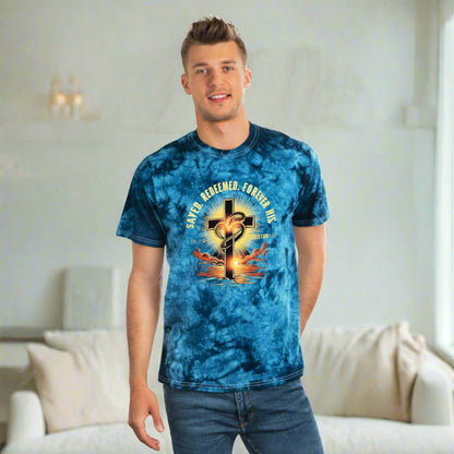 Unisex "Saved, Redeemed, Forever His" Christian Tie-Dye T-shirt