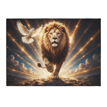 Lion of Judah and the Holy Spirit -Golden Rays and Clouds Area Rug with Black Binding (84"x60")