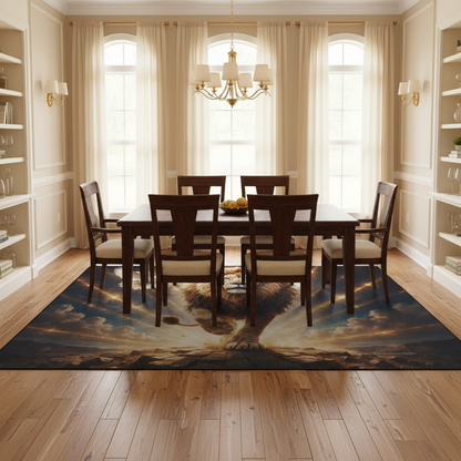 Lion of Judah and the Holy Spirit -Golden Rays and Clouds Area Rug with Black Binding (84"x60")
