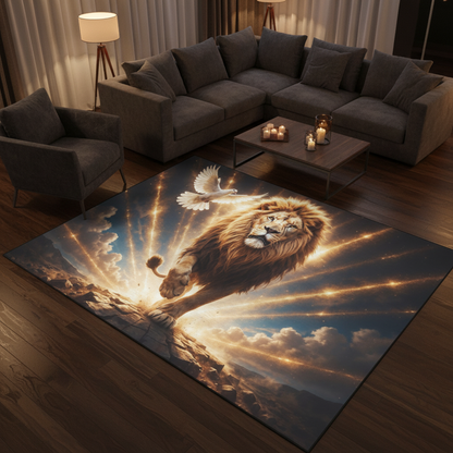 Lion of Judah and the Holy Spirit -Golden Rays and Clouds Area Rug with Black Binding (84"x60")