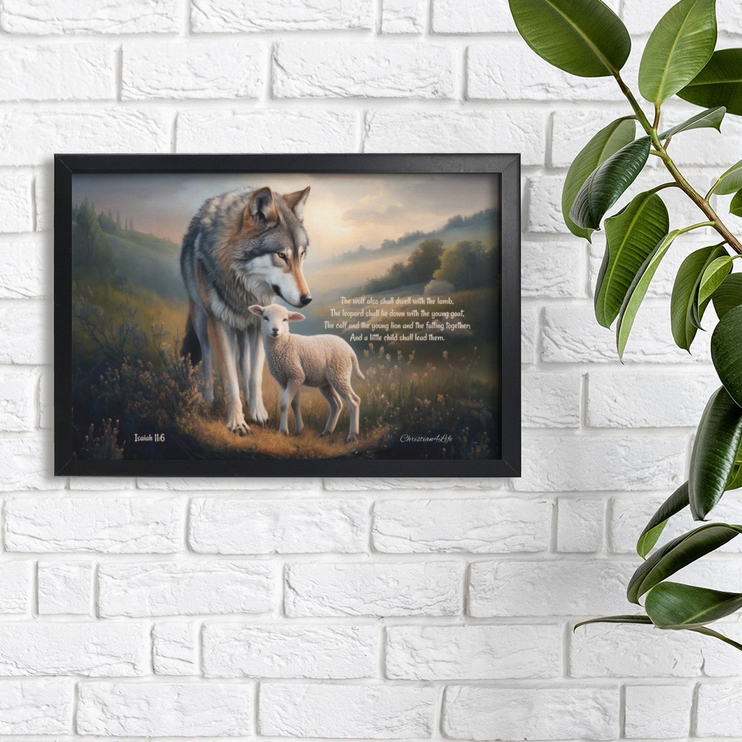 Framed - Wolf and Lamb with Isaiah 11:6 Quote, Christian Canvas, Black Frame
