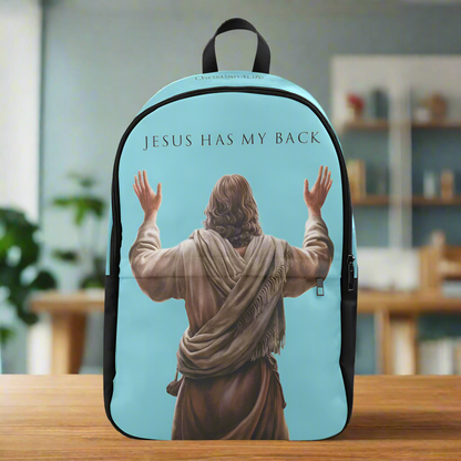 "Jesus Has My Back" Christian Backpack-Black Side Accent (Choose Green or Blue shades)