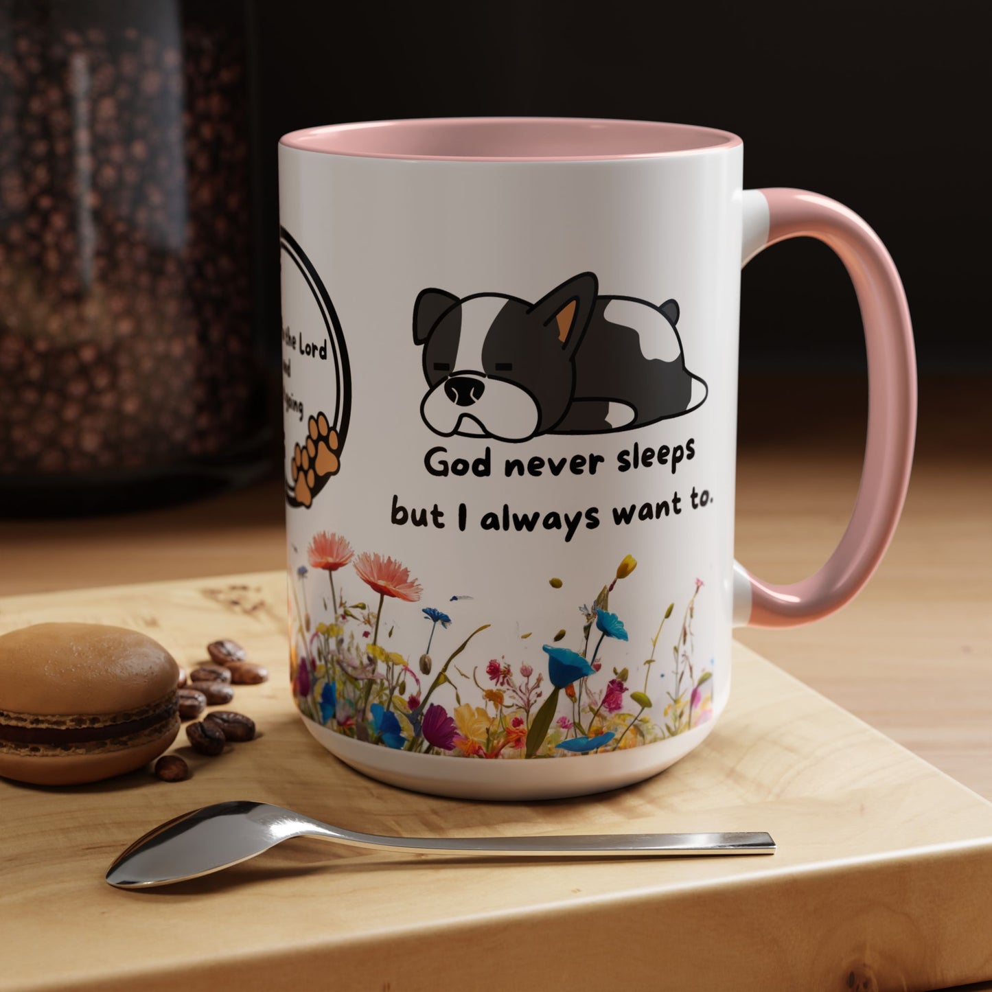 Christian  11oz and 15oz Accent Coffee Mug "God never sleeps" (with flowers)