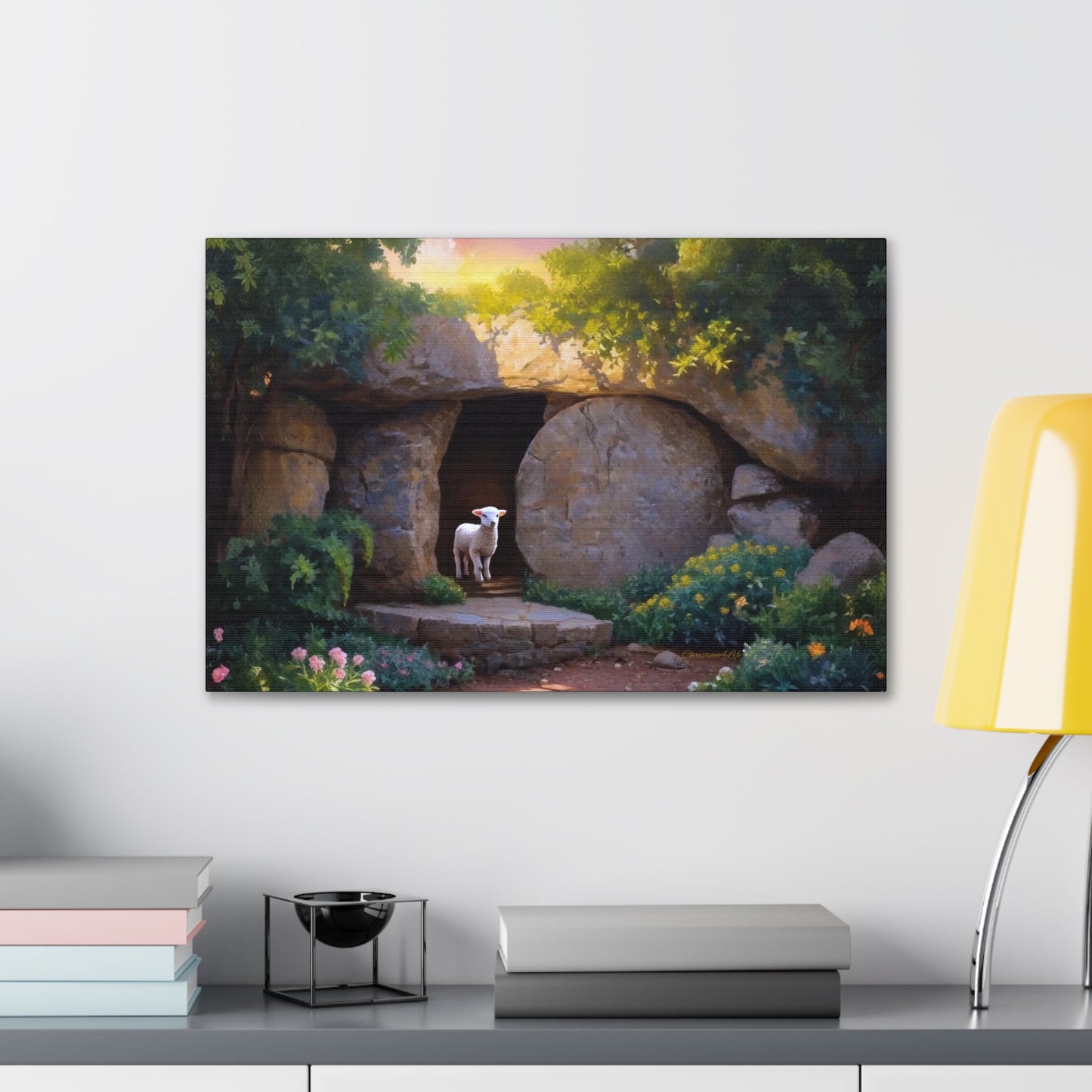 He is Risen, Tomb and Lamb Christian Wall Art Canvas, Easter (multiple sizes)