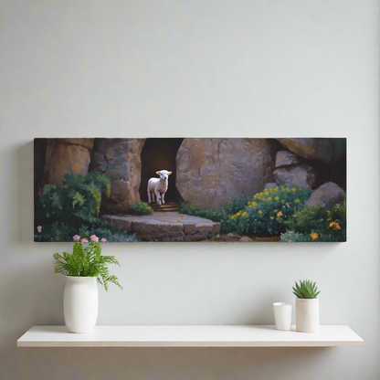 He is Risen, Tomb and Lamb Christian Wall Art Canvas, Easter (multiple sizes)