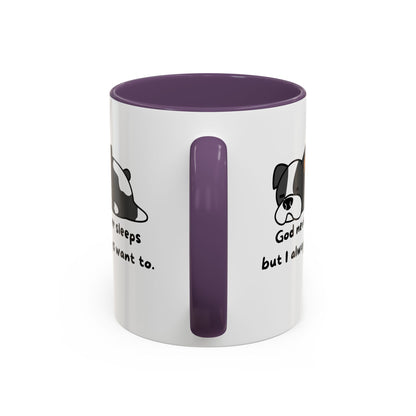 Christian "God never sleeps" 11 oz and 15oz Accent Mug, multiple colors, Christian Mug