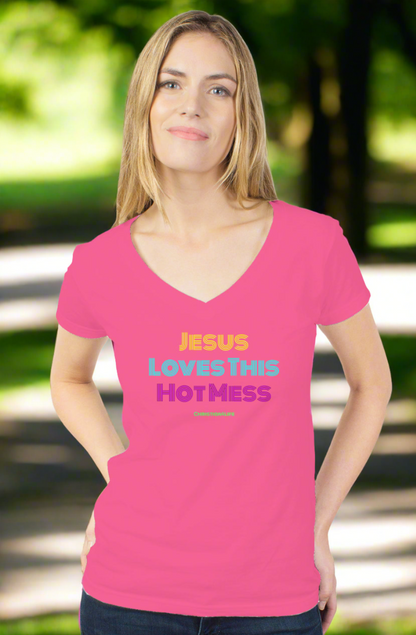 Jesus Loves this Hot Mess - womens tultex v neck