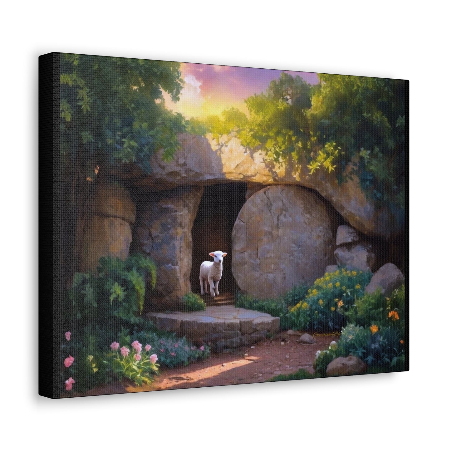 He is Risen, Tomb and Lamb Christian Wall Art Canvas, Easter (multiple sizes)