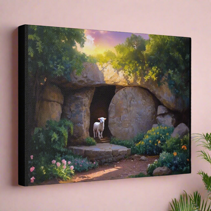 He is Risen, Tomb and Lamb Christian Wall Art Canvas, Easter (multiple sizes)